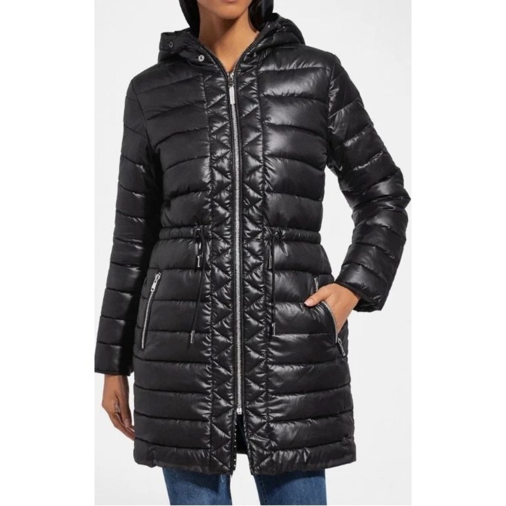 NWT Kenneth Cole Women's L Black Quilted Puffer  Jacket Polyester Hooded